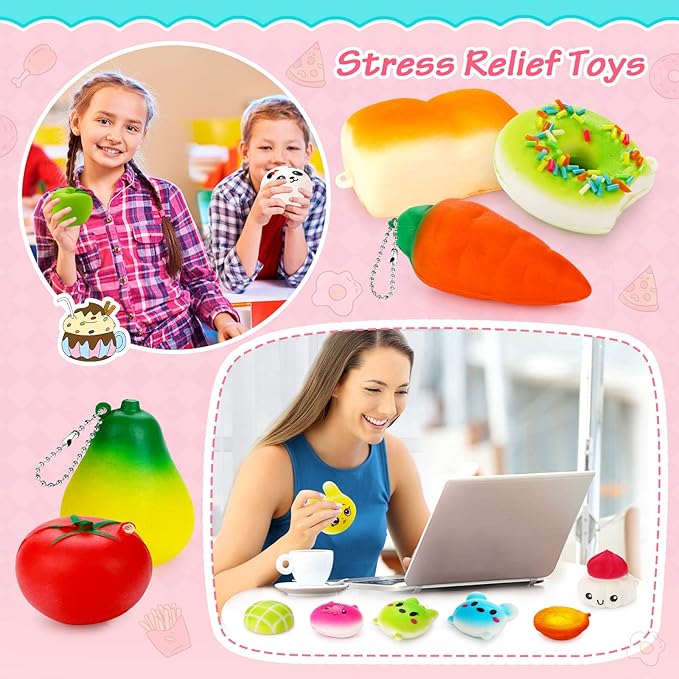 Party Favors 30Pcs Kawaii Squishies Christmas Stocking Stuffers Random Slow Rising Squeeze Fidget Toy Phone Straps Stress Ball Toys for Kids Adults Birthday Pinata Easter Basket Fillers Pretend Play