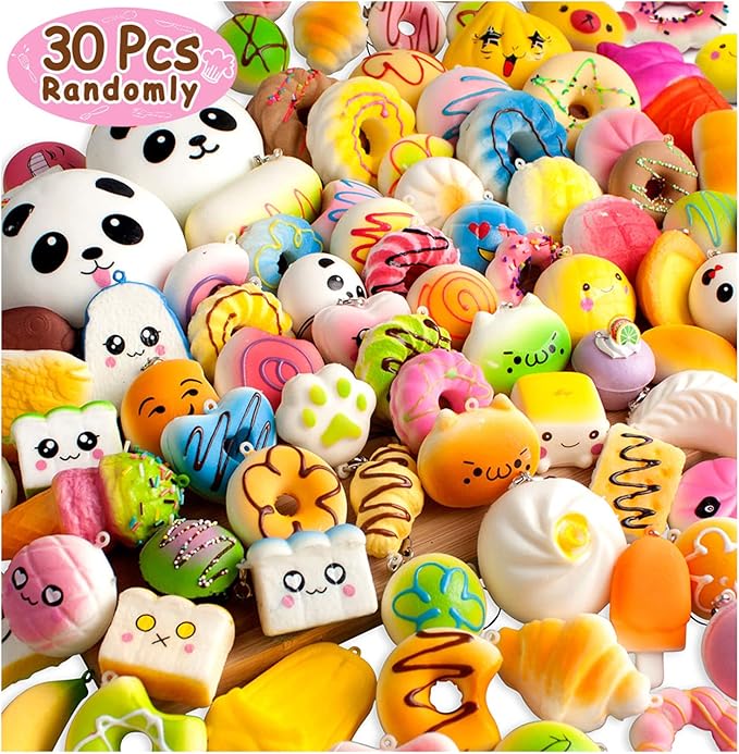 Party Favors 30Pcs Kawaii Squishies Christmas Stocking Stuffers Random Slow Rising Squeeze Fidget Toy Phone Straps Stress Ball Toys for Kids Adults Birthday Pinata Easter Basket Fillers Pretend Play
