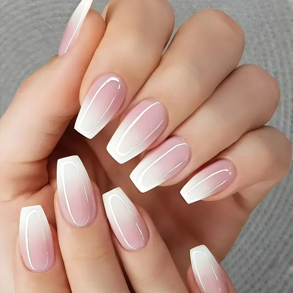 Gradient White Fake Nail Short Square Ballet Simple False Nails