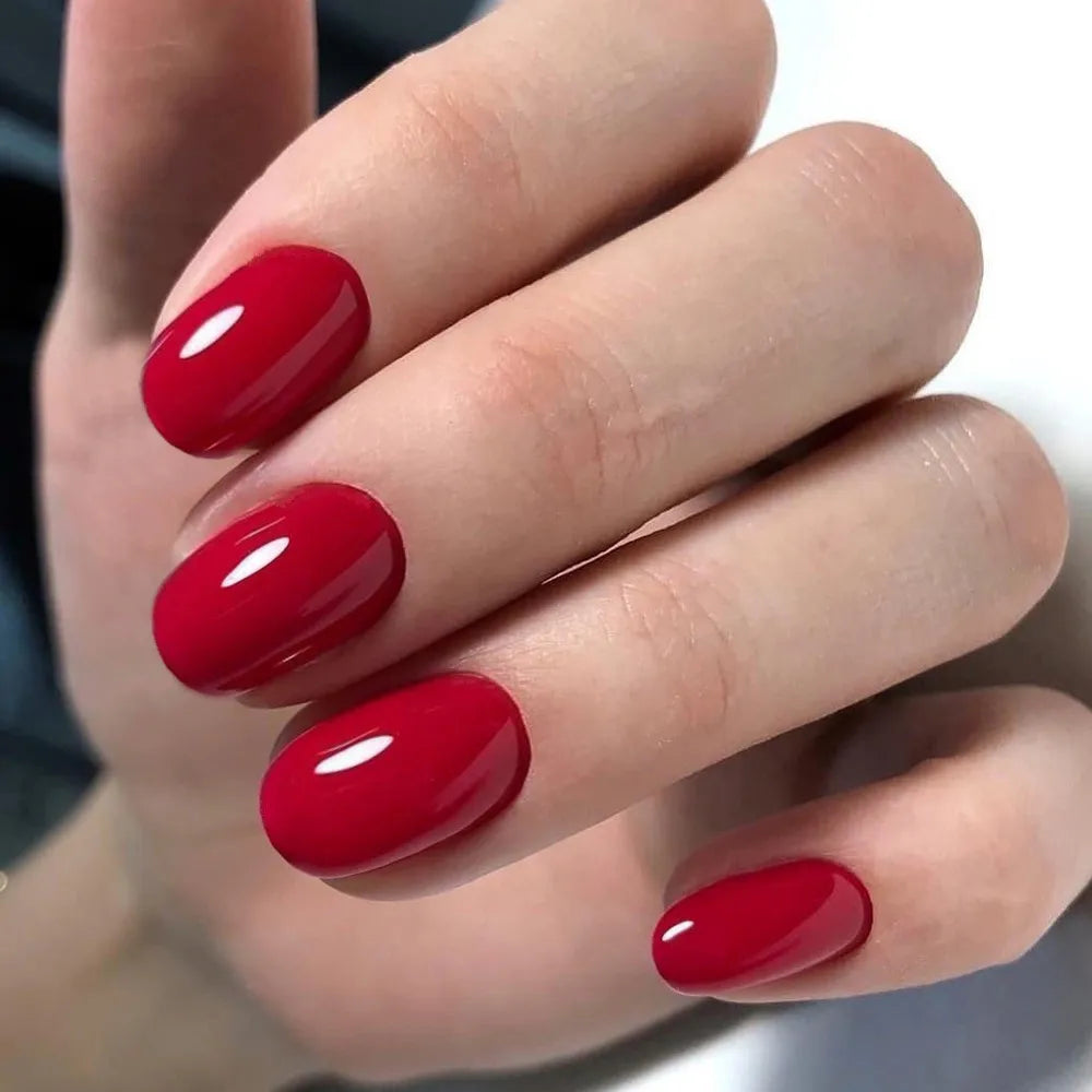 Shiny Wine Red Oval Short Fake Nails