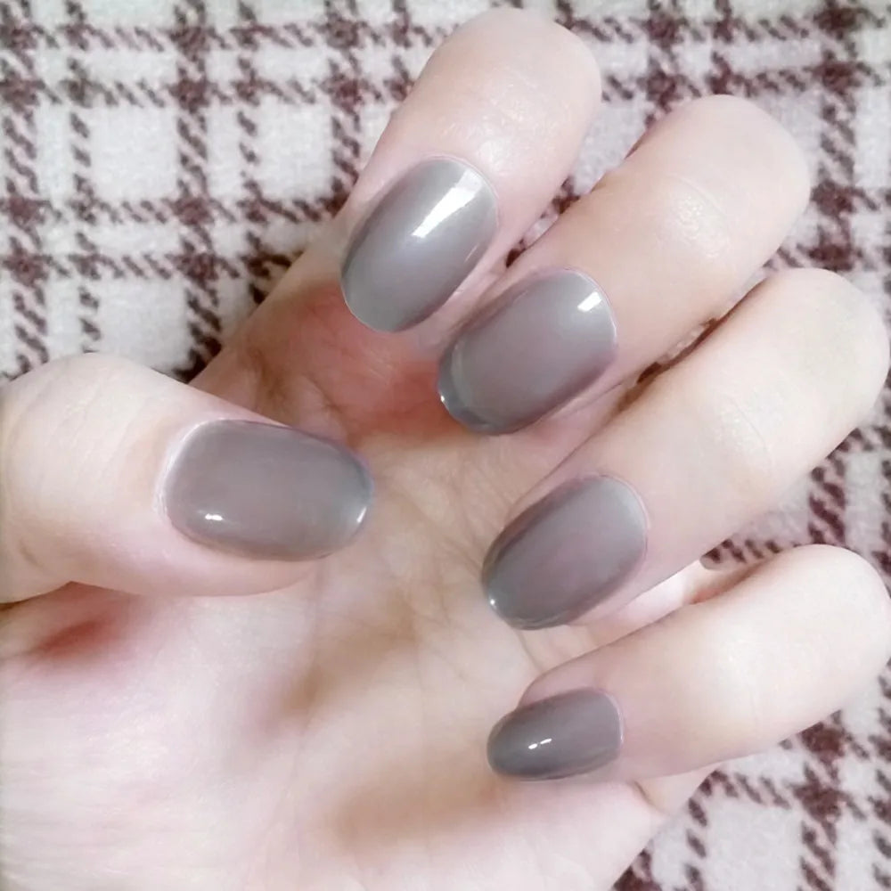 Shiny Wine Red Oval Short Fake Nails