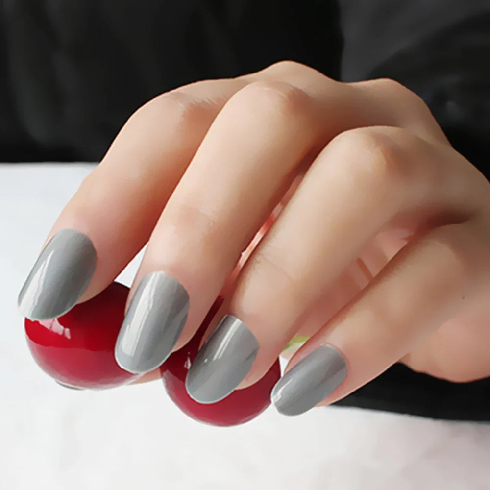 Shiny Wine Red Oval Short Fake Nails