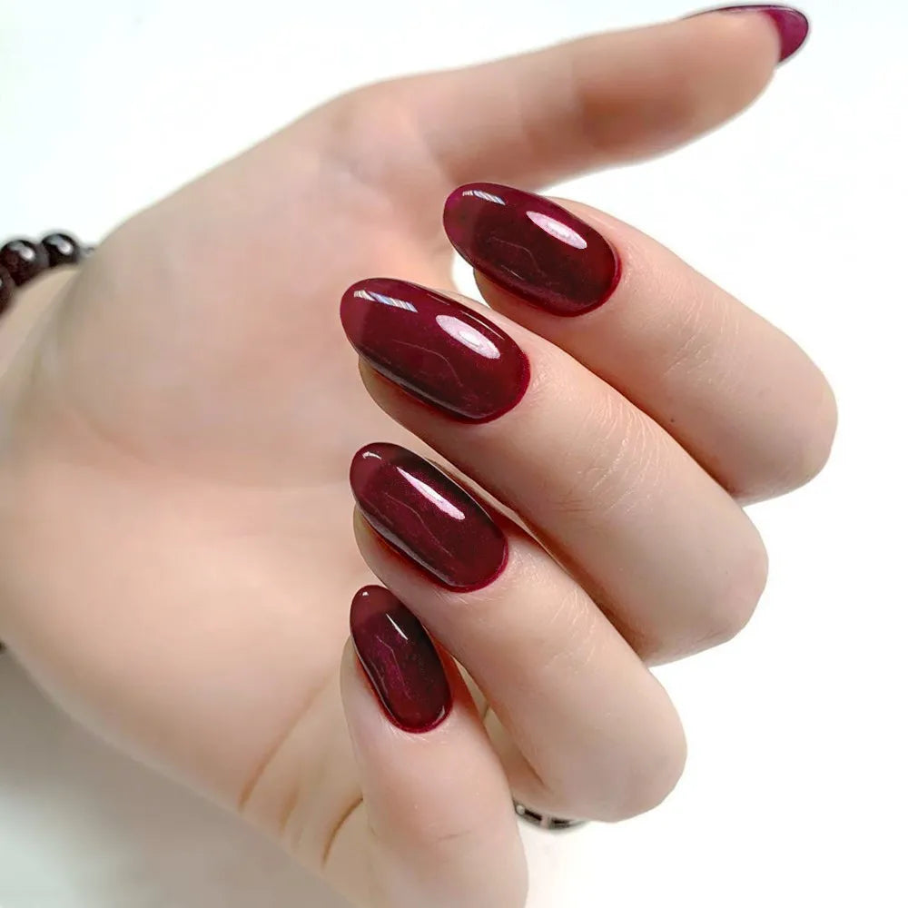 Shiny Wine Red Oval Short Fake Nails