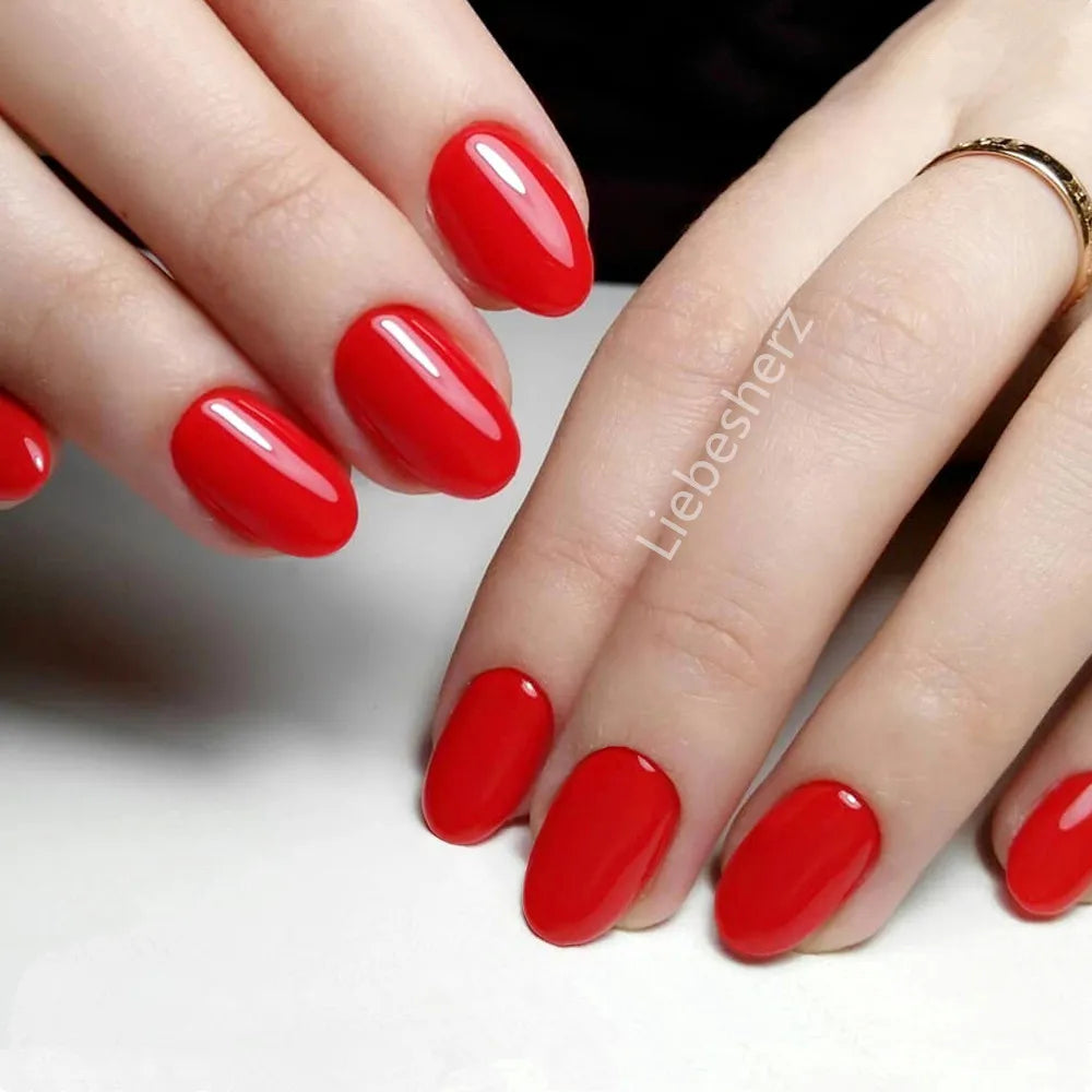 Shiny Wine Red Oval Short Fake Nails