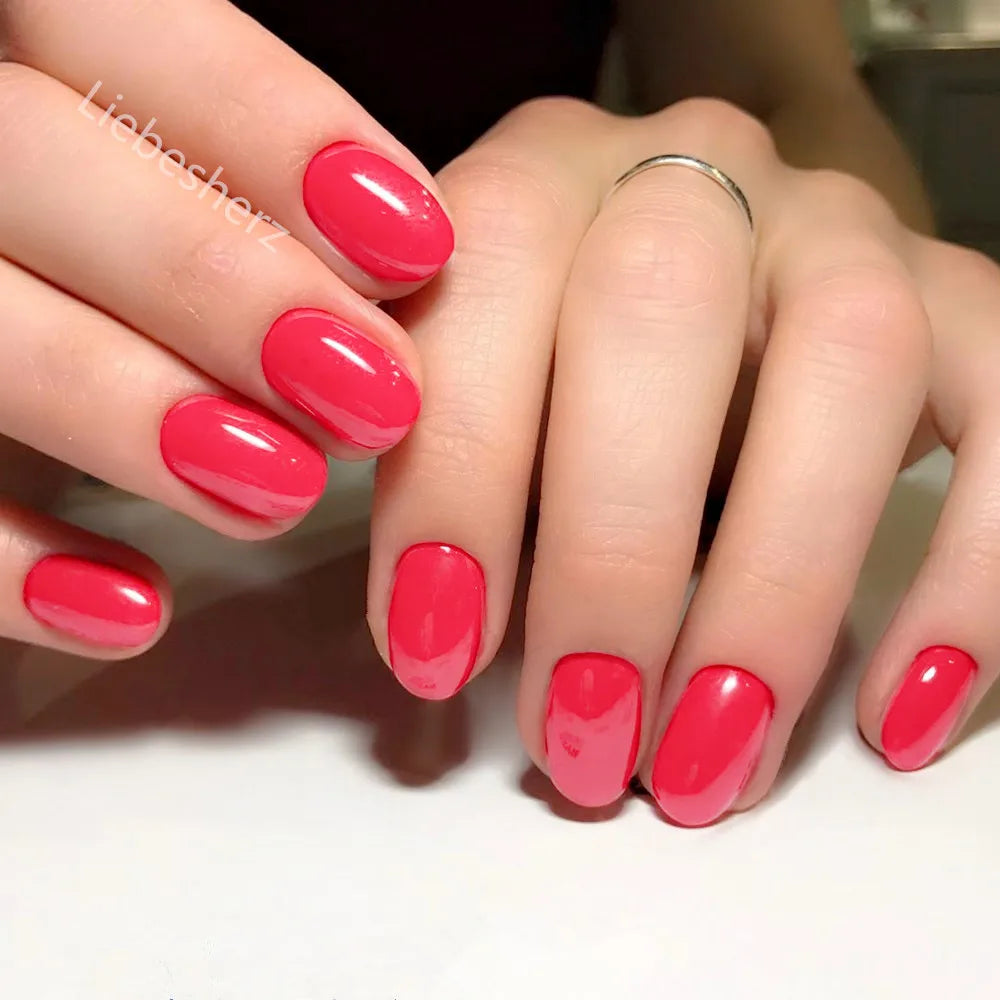 Shiny Wine Red Oval Short Fake Nails