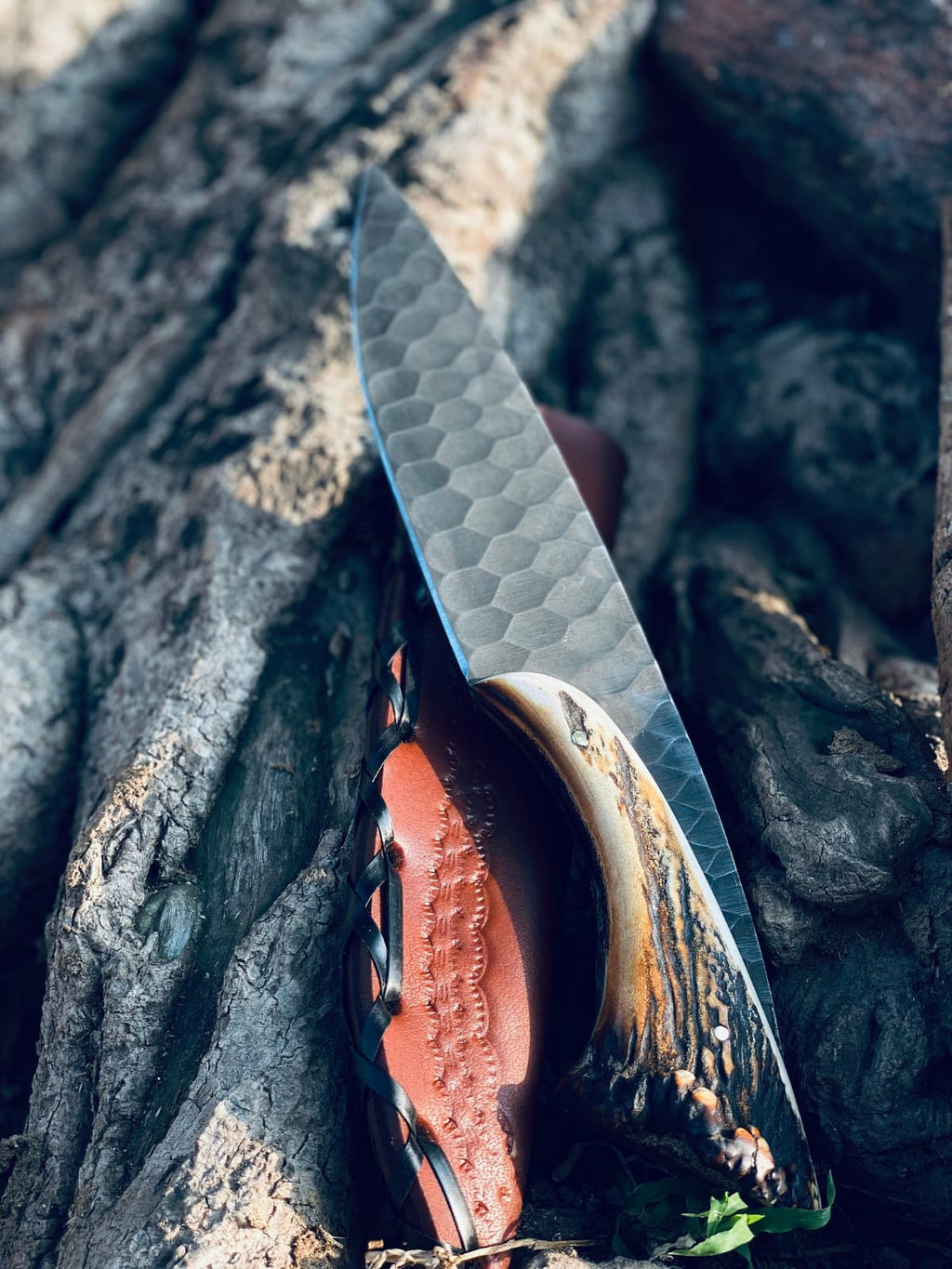 1095 Steel Hunting Knife | 9.5" | Black Coated Blade | Stag Horn Handle | Leather Sheath