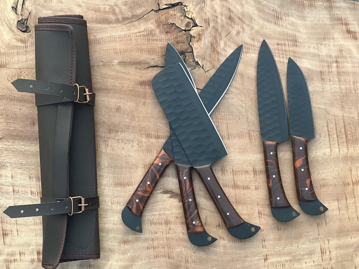 Custom Handmade Chef Knives Set / Kitchen Knives Set / 5Pcs Chef Set / Black Coated Blades Chef Knives Set / BBQ Knives Set / Best gift item / Mother Day Gift / Professional Chef For Gift