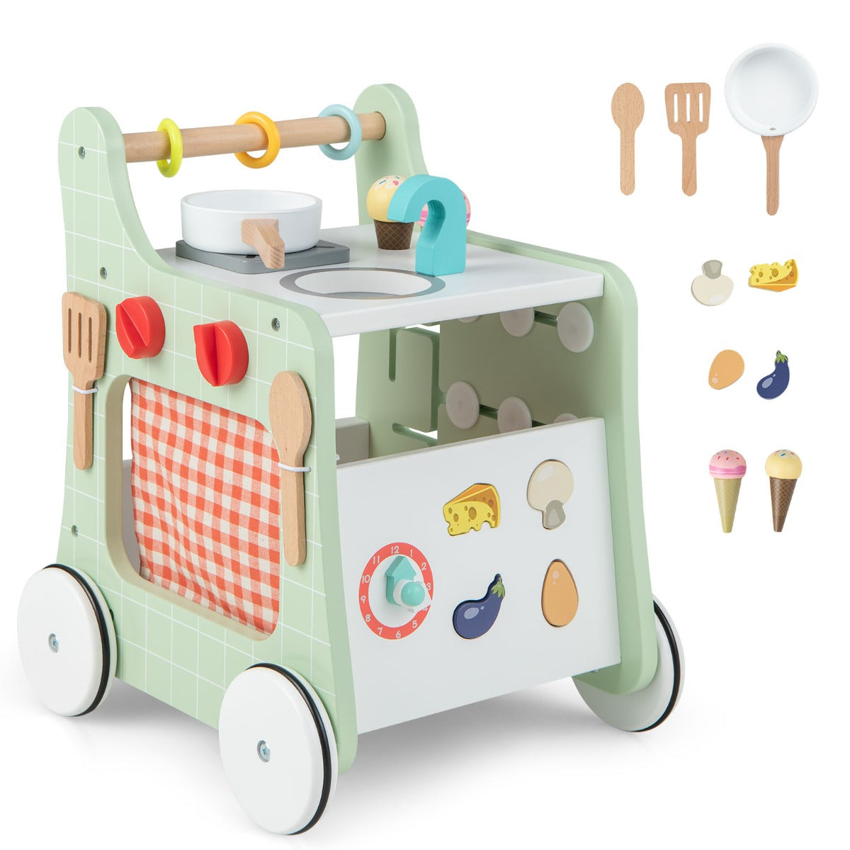 NNECW 6-in-1 Toddler Push and Pull Walker with Play Kitchen for Kids-Green-1