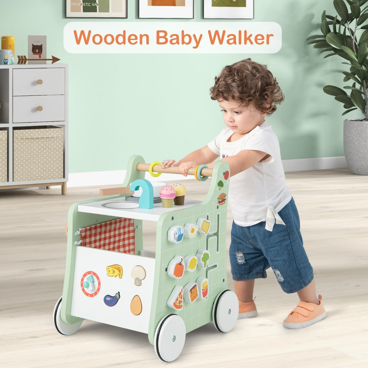 NNECW 6-in-1 Toddler Push and Pull Walker with Play Kitchen for Kids-Green-4