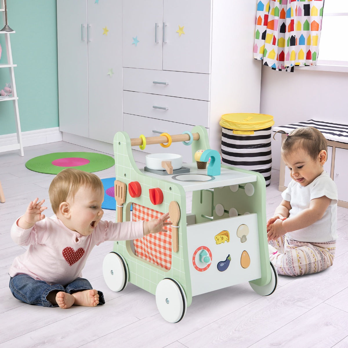 NNECW 6-in-1 Toddler Push and Pull Walker with Play Kitchen for Kids-Green-0