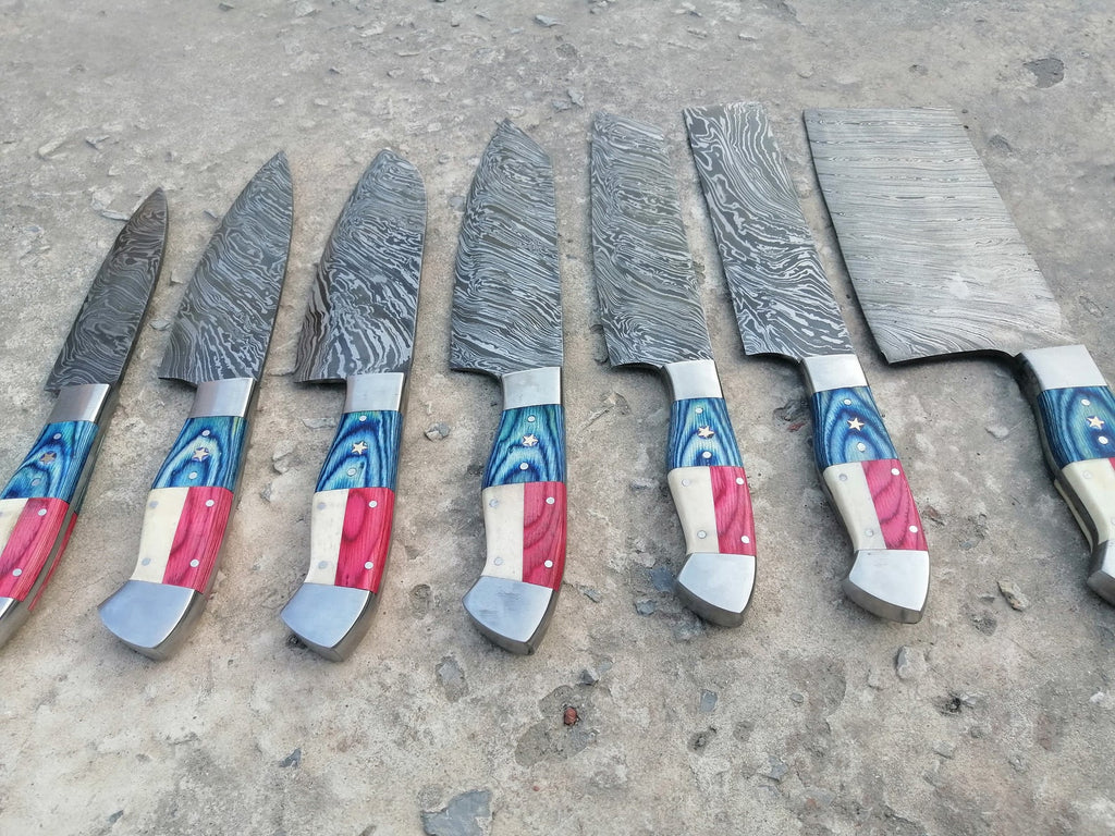 Custom Handmade Chef Knives Set / Kitchen Knives Set / 7Pcs Chef Set / Texas Flag Handle Chef Set / Texas Handle Knives / Damascus Blades Chef Knives Set / BBQ Knives Set / Best gift item / Mother Day Gift / Professional Chef For Gift