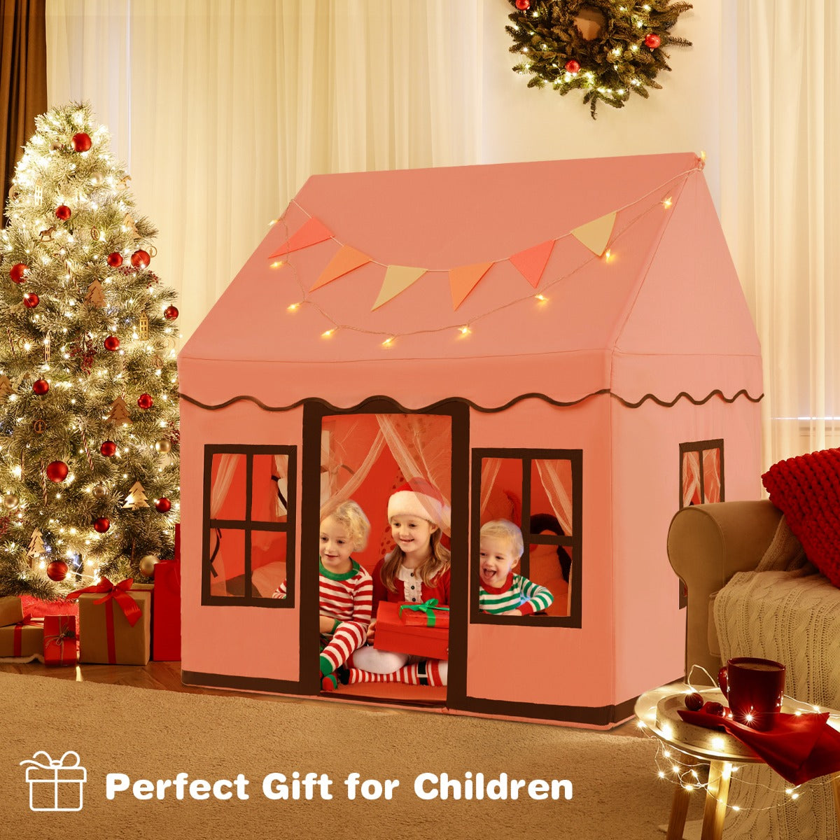 NNECW Kids Play Castle Tent Large Playhouse Toys Gifts with Star Lights Washable Mat-Pink-4