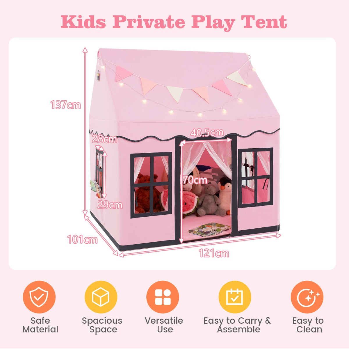 NNECW Kids Play Castle Tent Large Playhouse Toys Gifts with Star Lights Washable Mat-Pink-3