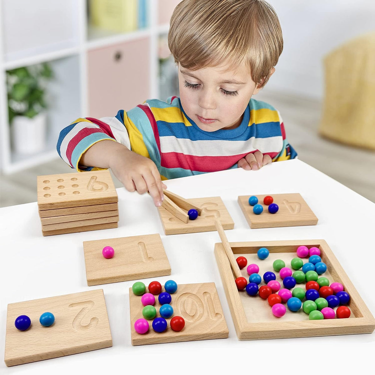Wooden Number Tracing Board Set, Toddler Montessori Math Beads Counting Toy, Preschool Learning and Educational Math Game for Kids